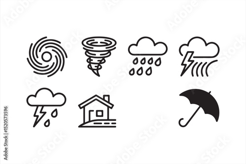 Colorful Weather Forecast Icons of Wind, Tornadoes, Umbrellas, and Lightning for Climate Communication and Meteorological Visualization