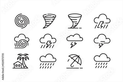 Storm and Natural Disaster Line Icons Including Tornado, Rain, Wind, Flood, and Lightning for Emergency Preparedness and Weather Forecasting Designs