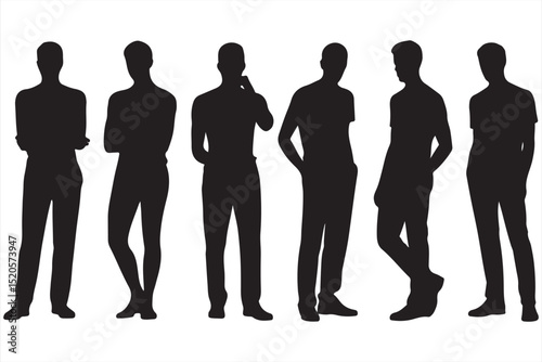 Silhouettes of seven young men in relaxed poses with abstract background, ideal for creative layouts, fashion, and lifestyle projects
