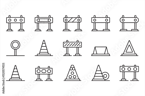 Vector Icons of Road Closed Signs, Street Barricades, and Traffic Cones for Municipal Safety and Construction