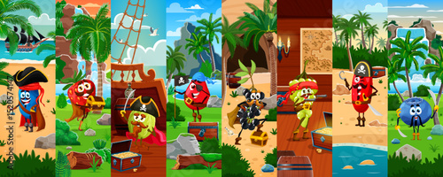 Cartoon pirate and corsair berry characters collage at sail ship and treasure island vector background. Happy pirate captain strawberry, gooseberry and barberry, sailor rosehip and blueberry fruits