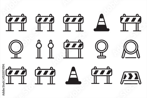 Outline Icons of Road Construction Elements: Barriers, Safety Cones, and Sign Boards for Traffic Redirection