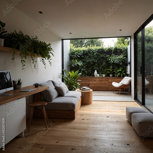Compact wood pod with built in bunk bed sofa seating and rustic decorative wool carpet below interior design wallpaper background