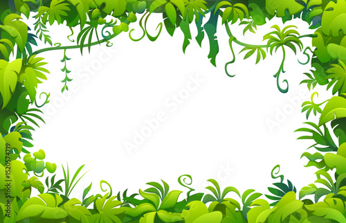 Tropical lianas frame of jungle forest plants, vines and trees branches, vector game background. Cartoon tropical lianas, jungle creeper plants and rainforest trees frame with green leaves borders