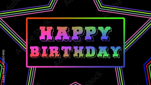 Pop up HAPPY BIRTHDAY text and black banner and colorful blinking star outline group background