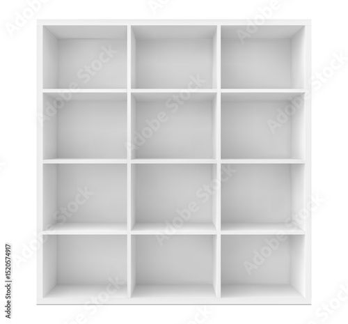 Empty square white bookshelf or book shelf box on wall, realistic vector mockup. Empty bookshelf boxes of office cabinet furniture or library bookcase and kitchen storage compartment shelves