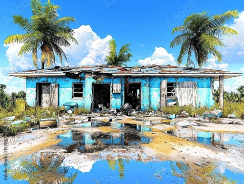 Derelict Tropical House A Digital Painting of a Ruined Building on a Tropical Island