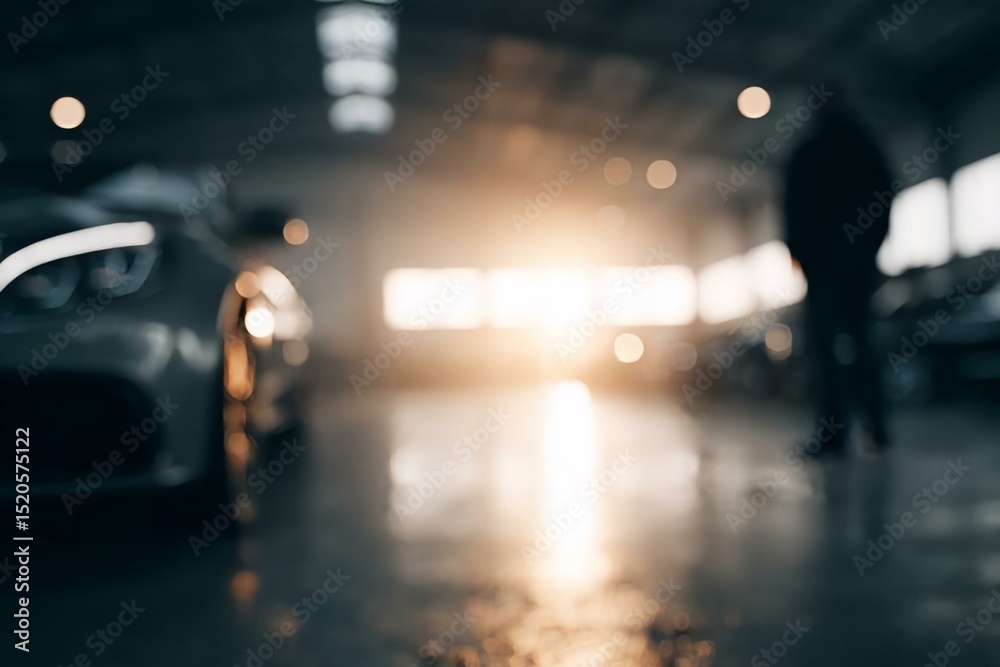 Fototapeta premium Abstract View of a Garage with Blurred Car and Sunlight in Background