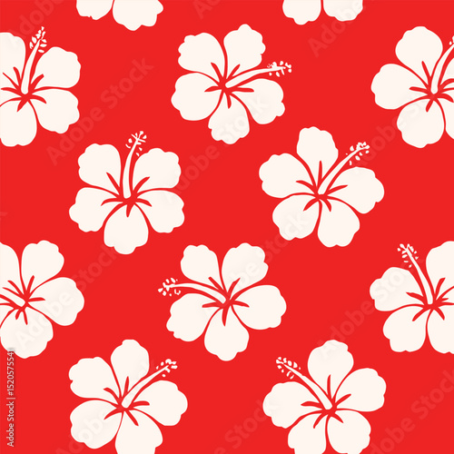 Seamless Tropical Hibiscus Pattern with Bold White Flower Silhouettes on Vibrant Red Background for Hawaiian-Style Summer Designs