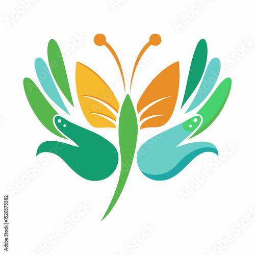 Elegant vector logo design featuring a stylized hand gently releasing a vibrant butterfly representing freedom nature and delicate beauty in