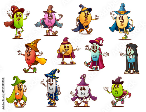 Cartoon groovy Halloween sorcerer and wizard micronutrient characters. Vector nutritional iron, zinc, calcium and magnesium, selenium, manganese or copper. Phosphorus, calcium, sodium and chlorine