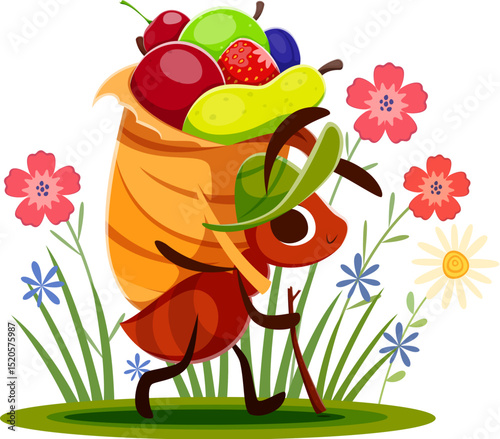 Cartoon ant character carries fruits. Vector insect carrying a large sack filled with ripe crops while walking among flowers and grass in outdoor scene, symbolizing hard work, nature and cooperation