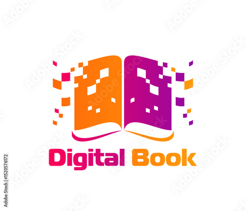 Digital book icon featuring pixelated elements transitioning from open orange and purple book, symbolizing modern publishing, knowledge transfer, technological advancements in literature and education