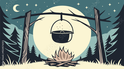 A camping scene at night with a pot hanging over a fire under a full moon and starry sky in the forest