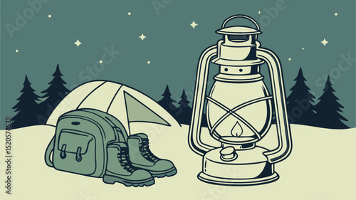 A camping scene featuring a tent, backpack, boots, and lantern under a starry night sky with trees