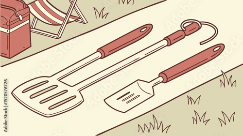 A cartoon illustration of barbecue utensils with a cooler and chair in the background on a picnic