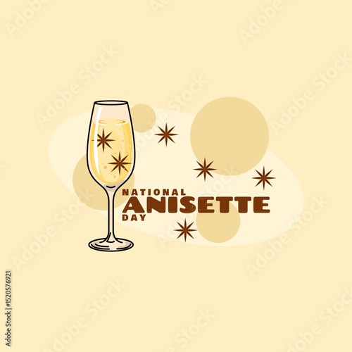National Anisette Day to celebrate on July 2nd. A glass of anisette drink made from anise spice on bright yellow background. Drink event banner.
