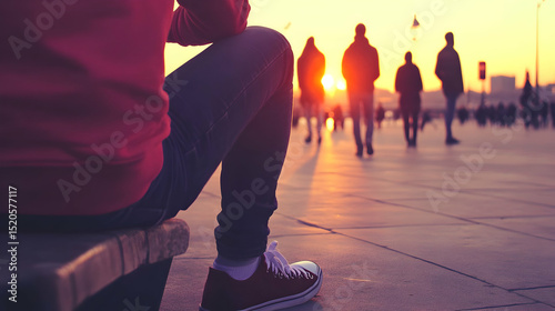 Young couple walking on the beach at sunset with city crowd silhouettes