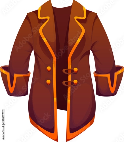 Cartoon pirate coat with golden trim, buttons and wide, rolled cuffs, game icon. Vector corsair brown jacket evoking fantasy adventure, rebellion and maritime clothes style, filibuster costume or suit
