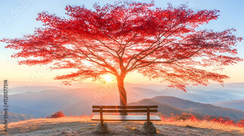 Bench by the lake at sunrise and sunset in the peaceful park