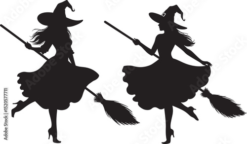 Flying witch in hat with broomstick silhouette vector illustration