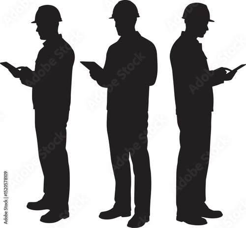 Inspector holding tablet with hardhat silhouette vector illustration
