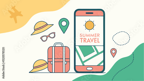 Summer travel vacation planning app concept for booking flights hotels and activities online easily now