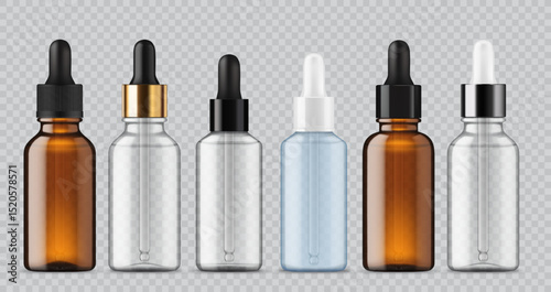 Realistic cosmetic glass bottle mockup with dropper standing in a row. 3d vector set of transparent and amber glass pipette vials for skincare, serum, medicine solutions and oil packaging presentation