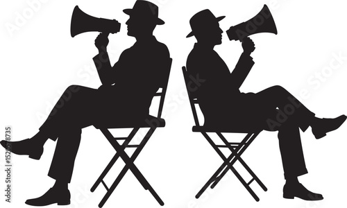 Man sitting and shouting with megaphone silhouette vector illustration
