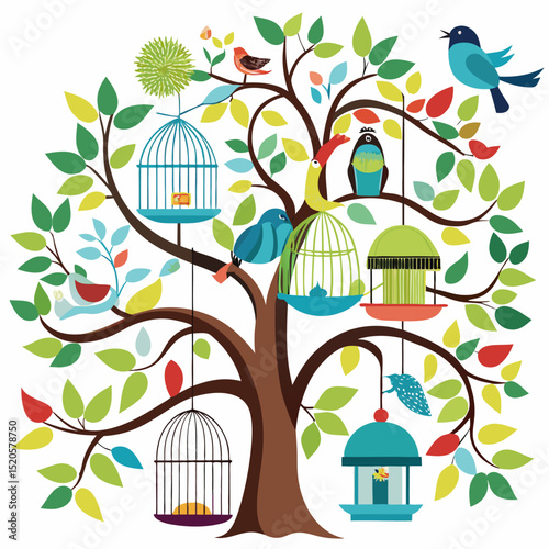 Whimsical Tree Scene with Birds Birdcages and a Cat Illustration in a Colorful and Detailed Vector Design