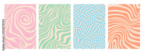 Psychedelic groovy hippie patterns with wavy lines and optical illusion shapes. Abstract vector backgrounds in retro 60s and 70s style. Swirl texture in pastel colors for nostalgic and funky vibe