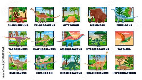 Cartoon prehistoric dinosaurs and lizard reptiles with names for kids dino atlas, vector set. Prehistoric dinosaurs and Jurassic lizards or paleontology animals with species names for dino collection