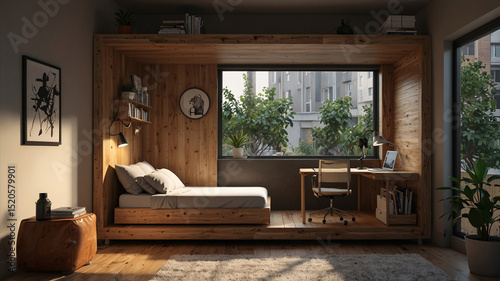 Minimalist pod bedroom made of wood featuring integrated compact sofa bunk and aesthetic rug design interior design wallpaper background