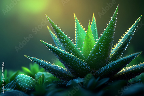 Closeup of a Green Aloe Vera Plant with Water Droplets and Thorned Edges