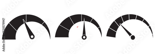Speed metering icon vector illustration isolated on white background. Green yellow and red, low and high barometers. Normal, Medium and High speed measurement tool. Variety speedometer indicator level