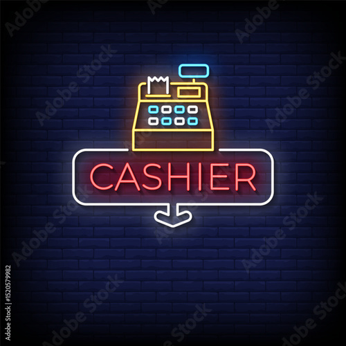 cashier neon sign with brick wall background vector