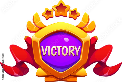 Victory award game icon or UI badge asset for level complete congrats, vector GUI banner. Victory badge or game winner award with cartoon golden wings, stars and red ribbon pennant on shield