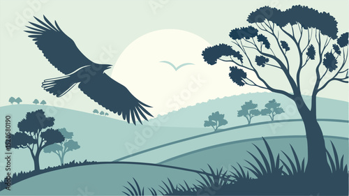 Eagle flying over landscape vector illustration nature scene wildlife animal bird of prey silhouette art design