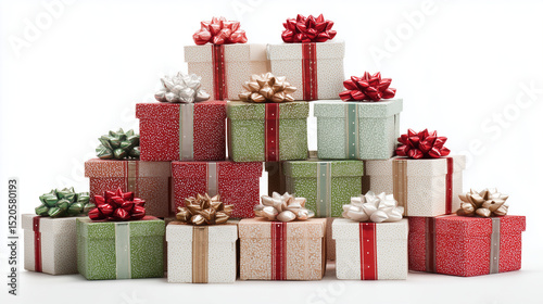 Christmas gift boxes arranged in a pyramid shape with festive ribbon, white background.