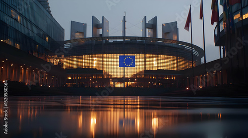 European Parliament Building At Night With Reflection