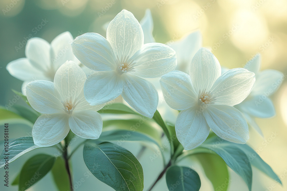 Delicate White Hydrangea Flowers in Soft Light with Green Leaves Closeup Photography Delicate White Hydrangea Flowers in Soft Light with Green Leaves Closeup Photography