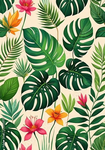 Vetor de paisagem tropical colorida com palmeiras e flores vibrantes