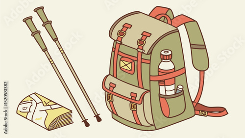 Hiking essentials backpack trekking poles and map outdoor adventure gear preparation checklist illustration