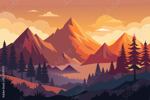 Sunrise over Mountain Landscape with Edelweiss Flowers and Forest a Vector Illustration for Nature and Outdoor Themes