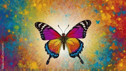 A vibrant butterfly with a kaleidoscope of colors, each spot a unique and mesmerizing hue.