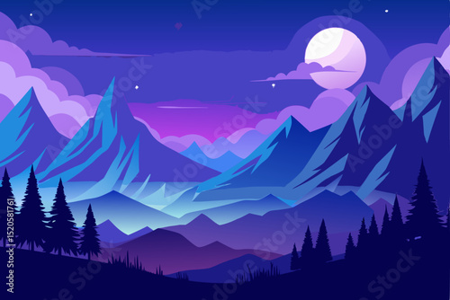 Serene Evening Landscape Vector Illustration with Blue and Violet Hues Featuring a Tranquil and Peaceful Scene at Dusk or Night