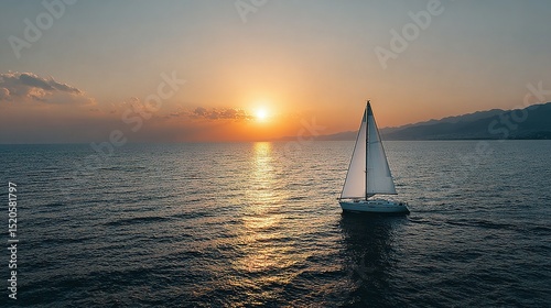 Sailboat at sunset on tranquil water.