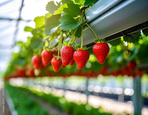 Fresh strawberries hanging in a greenhouse