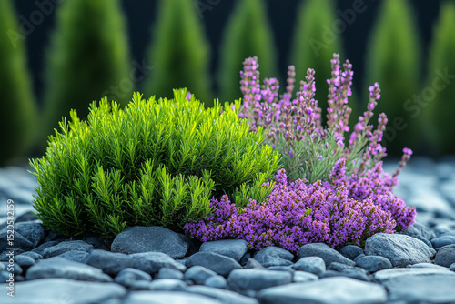 Green Bush with Purple Heather Flowers and Gray Rocks in a Garden Landscape