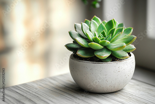 Green Echeveria Succulent in White Speckled Pot on Gray Wooden Surface Near Window